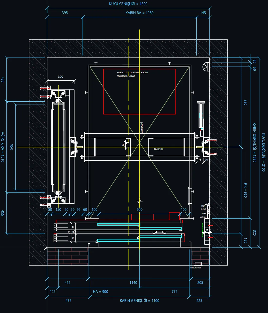 Ölçülendirilmiş kuyu yatay kesiti: kuyu 1800 × 2100, kabin 1100 × 1680, raylar ve karşı ağırlık